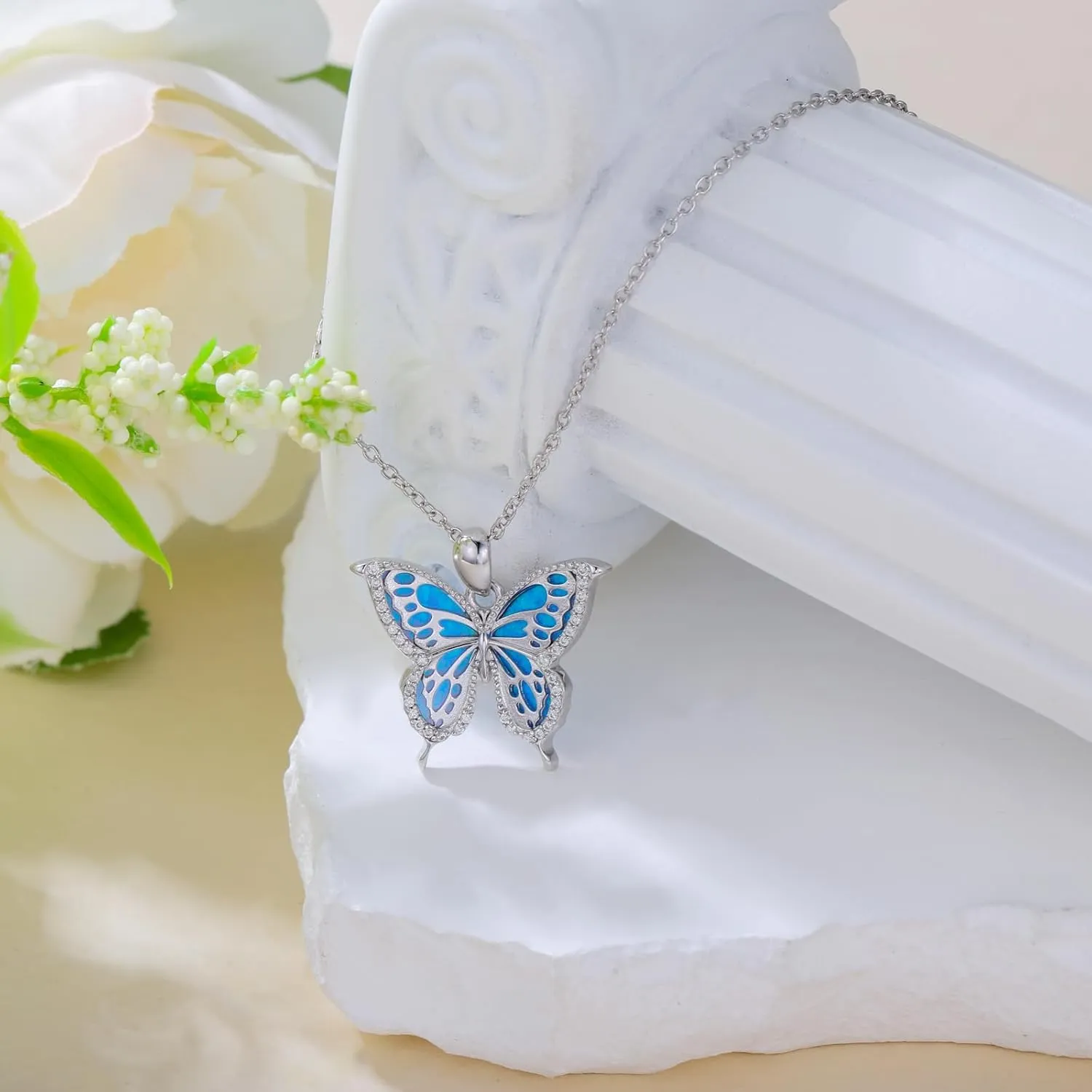 Blue Butterfly Necklace Sterling Silver Dainty Cute Butterfly Pendant Necklace S925 Butterfly Charm Jewelry Gift for Women