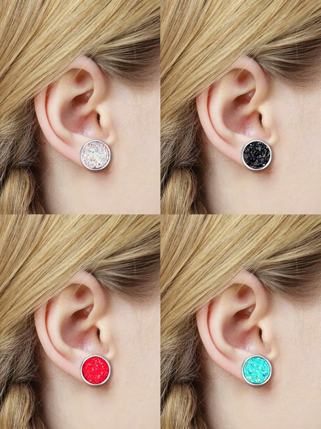 Boao 15 Pairs Druzy Stud Bulk Earrings Set Stainless Steel Round Post Earrings Bohemian Pierced Jewelry for Women