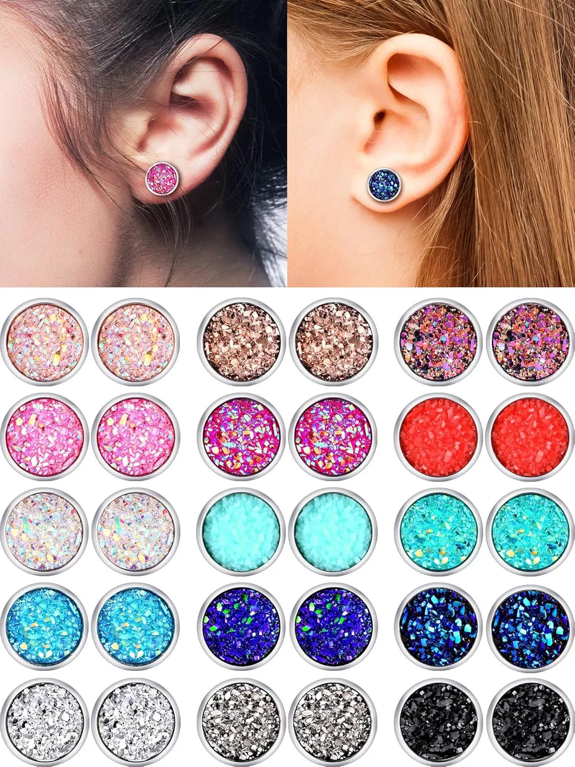Boao 15 Pairs Druzy Stud Bulk Earrings Set Stainless Steel Round Post Earrings Bohemian Pierced Jewelry for Women
