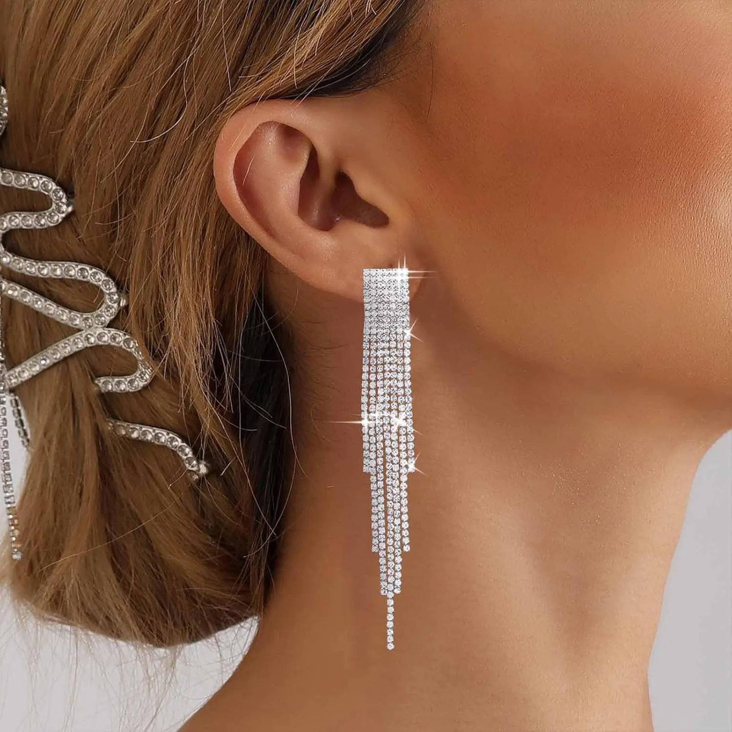 Bohemian Crystal Tennis Dangle Earrings Gold Cz Chandelier Drop Earrings Cluster Rhinestone Chain Earrings Long Tennis Chain Earrings Jewelry for Women Gifts