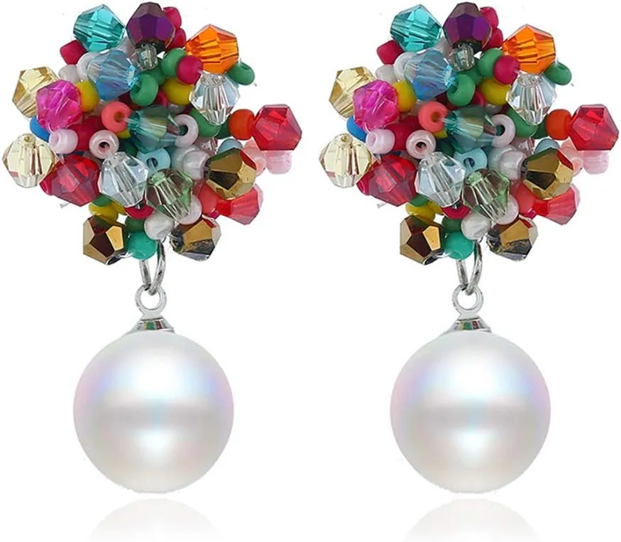 Boho Beaded Pearl Dangle Drop Earrings for Women Piercing Ear Bohemian Big Round Ball Bead Stud Post Handmade Cluster Fashion Earring Jewelry 5 Colors (Rainbow)