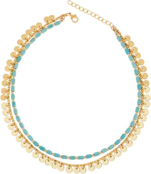 Boho Double Layer Choker Necklace For Women Turquoise Layered Beaded Necklaces - Gold Disc Necklaces Bohemia Sequin Necks Jewelry