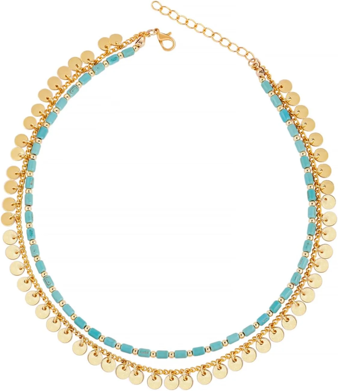 Boho Double Layer Choker Necklace For Women Turquoise Layered Beaded Necklaces - Gold Disc Necklaces Bohemia Sequin Necks Jewelry