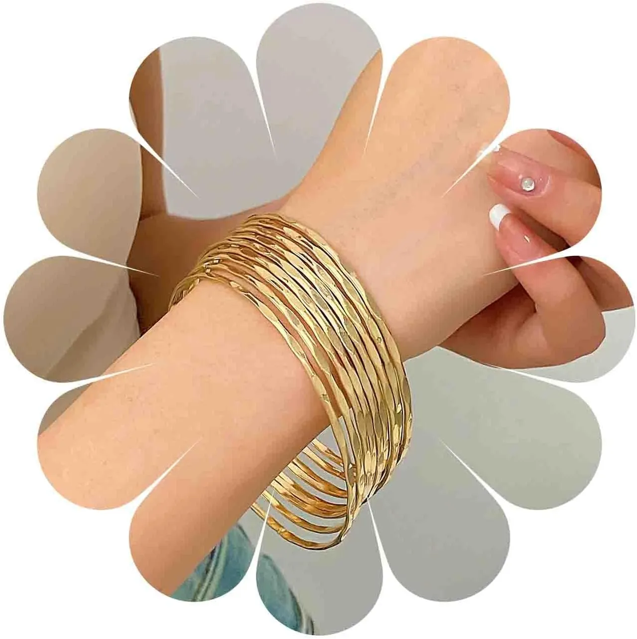 Boho Gold Bangle Bracelet Set Indian Bollywood Bangle Bracelet Thin Gold Stacking Bangles Textured Ethnic Multi Bangle Bracelet Wedding Outfit Jewlery for Women(9Pcs)