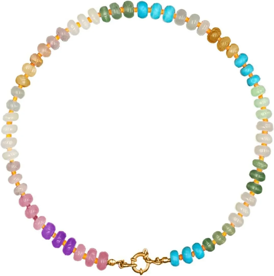 Boho Natural Stone Beaded Necklace for Women Beaded Gemstone Necklace Colorful Beads Rainbow Choker Necklace 14K Gold Plated Circular Buckle Surfer Beach Necklace Summer Necklace Ocean Jewelry Gift for Women