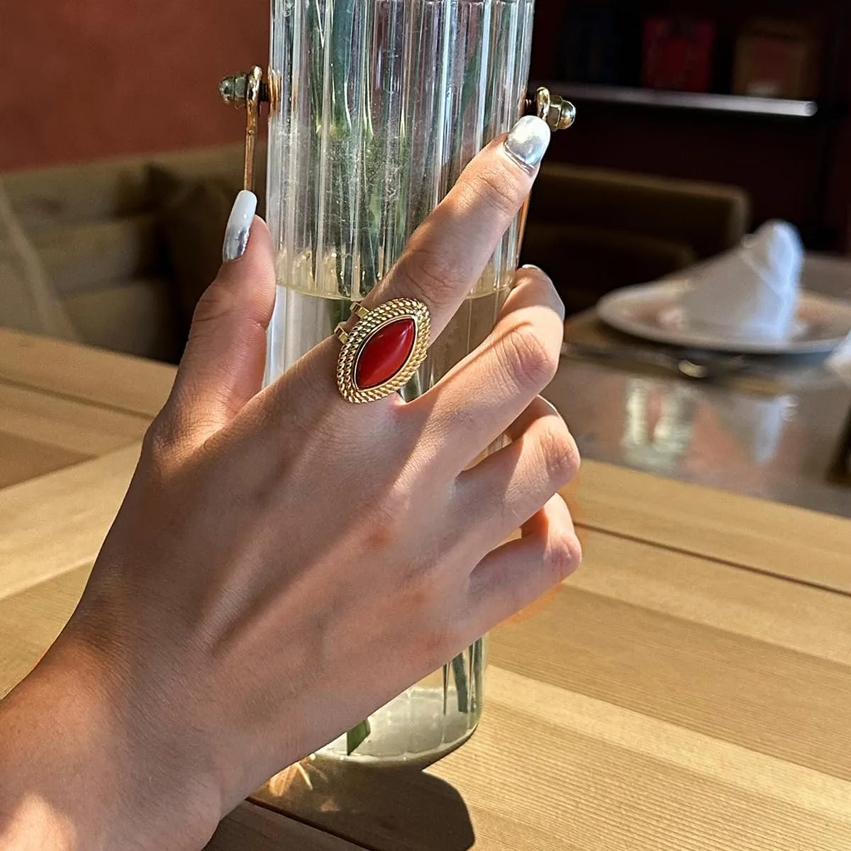 Boho Natural Stone Chunky Rings|Turquoise|Green Aventurine|Black Obsidian|Amazonite|Red Agate Adjustable 18k Gold Plated Stainless Steel Stackable Party Rings