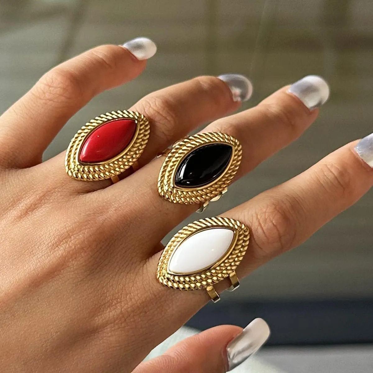 Boho Natural Stone Chunky Rings|Turquoise|Green Aventurine|Black Obsidian|Amazonite|Red Agate Adjustable 18k Gold Plated Stainless Steel Stackable Party Rings