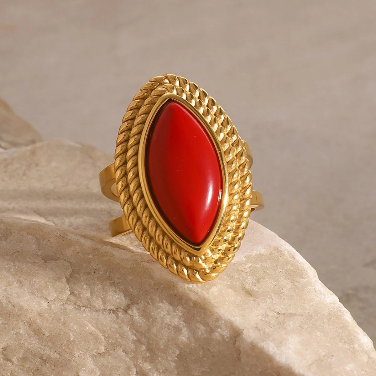 Boho Natural Stone Chunky Rings|Turquoise|Green Aventurine|Black Obsidian|Amazonite|Red Agate Adjustable 18k Gold Plated Stainless Steel Stackable Party Rings