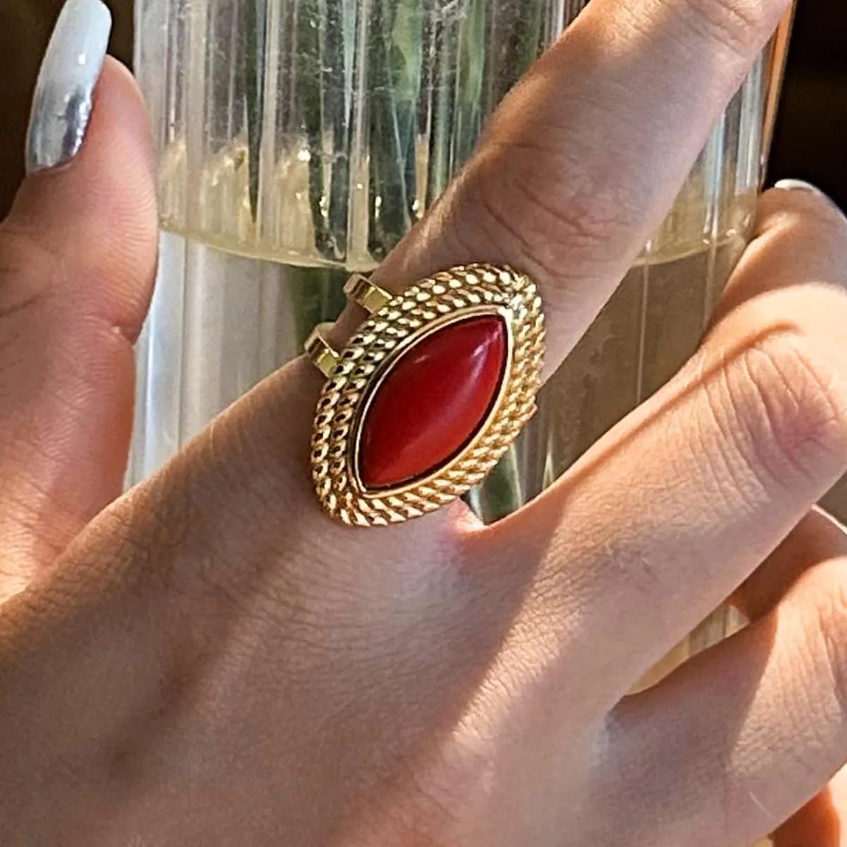 Boho Natural Stone Chunky Rings|Turquoise|Green Aventurine|Black Obsidian|Amazonite|Red Agate Adjustable 18k Gold Plated Stainless Steel Stackable Party Rings