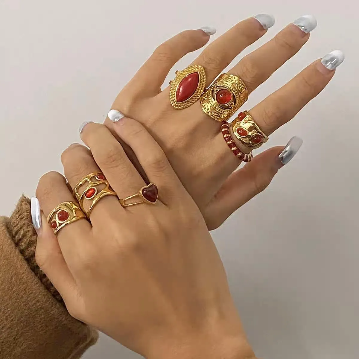 Boho Natural Stone Chunky Rings|Turquoise|Green Aventurine|Black Obsidian|Amazonite|Red Agate Adjustable 18k Gold Plated Stainless Steel Stackable Party Rings