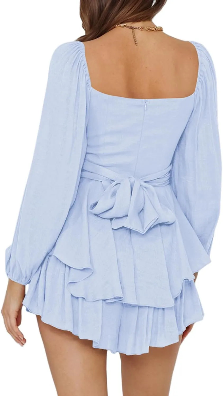 Boho off Shoulder Rompers for Women Dressy Lantern Long Sleeve Ruffle layer Back Tie Mini Shorts Jumpsuit