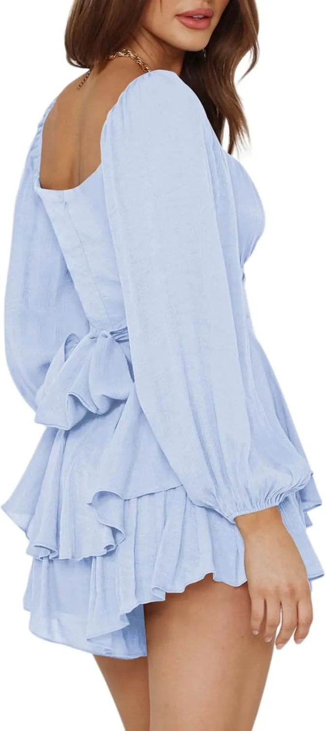 Boho off Shoulder Rompers for Women Dressy Lantern Long Sleeve Ruffle layer Back Tie Mini Shorts Jumpsuit