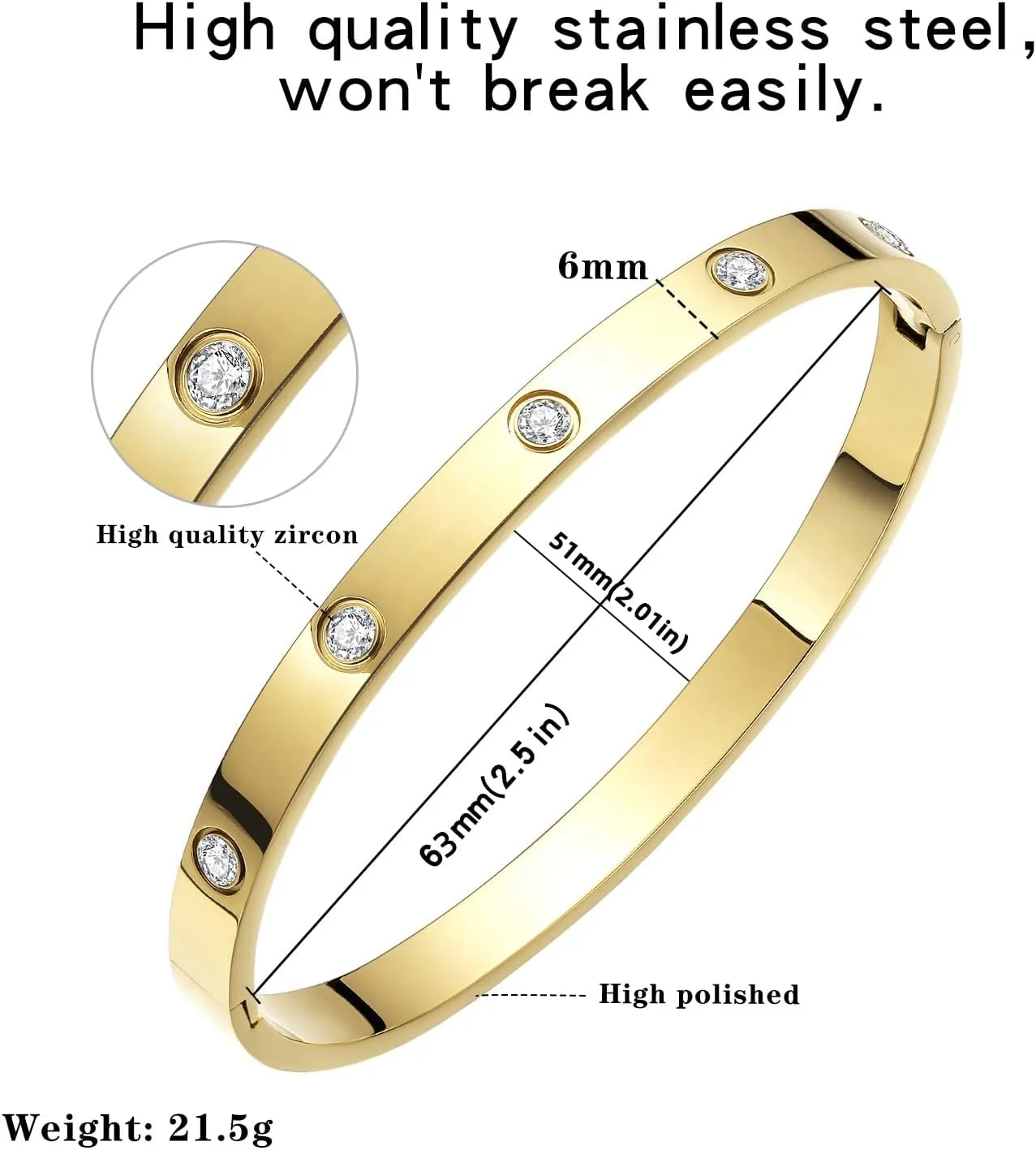 BOLAGTIER Gold Plated Bracelet with Cubic Zirconia Stones Stainless Steel Bangle Minimalist Cuff Love Charm Bracelets for Women