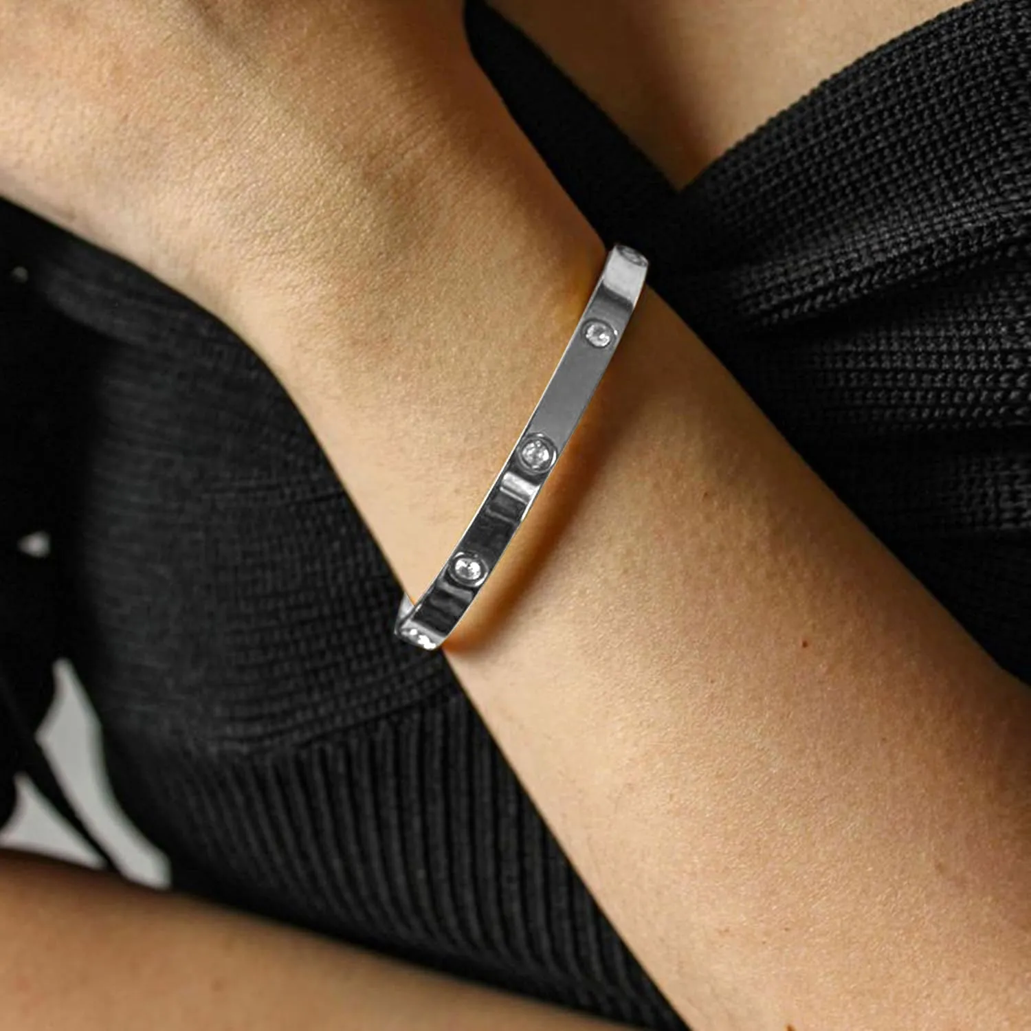 BOLAGTIER Gold Plated Bracelet with Cubic Zirconia Stones Stainless Steel Bangle Minimalist Cuff Love Charm Bracelets for Women