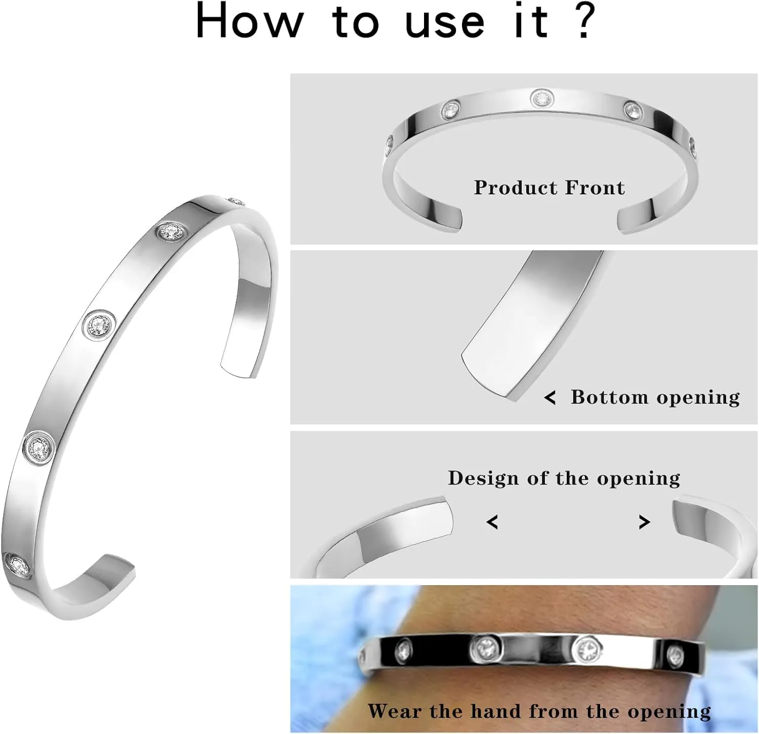 BOLAGTIER Gold Plated Bracelet with Cubic Zirconia Stones Stainless Steel Bangle Minimalist Cuff Love Charm Bracelets for Women