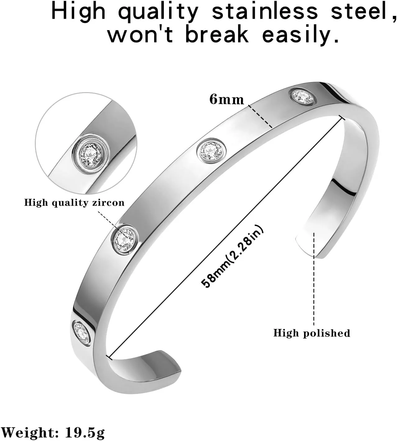 BOLAGTIER Gold Plated Bracelet with Cubic Zirconia Stones Stainless Steel Bangle Minimalist Cuff Love Charm Bracelets for Women