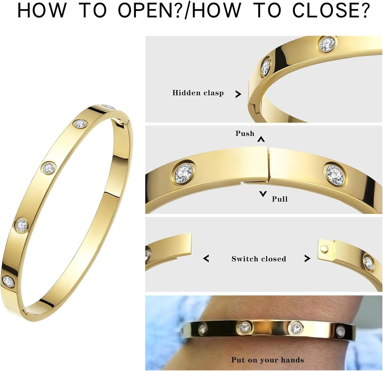 BOLAGTIER Gold Plated Bracelet with Cubic Zirconia Stones Stainless Steel Bangle Minimalist Cuff Love Charm Bracelets for Women