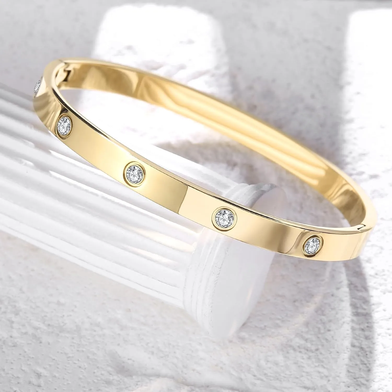 BOLAGTIER Gold Plated Bracelet with Cubic Zirconia Stones Stainless Steel Bangle Minimalist Cuff Love Charm Bracelets for Women