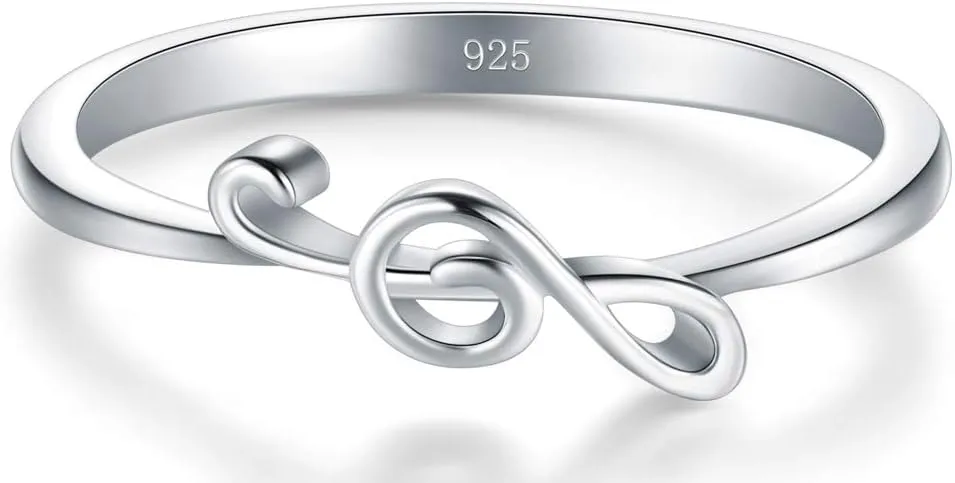 BORUO 925 Sterling Silver Ring - Stackable Music Note Band - Comfort Fit Silver Rings Women - Music Note Silver Band Ring - Fine Jewellery Stackable Ring, 2mm, Size 4-12
