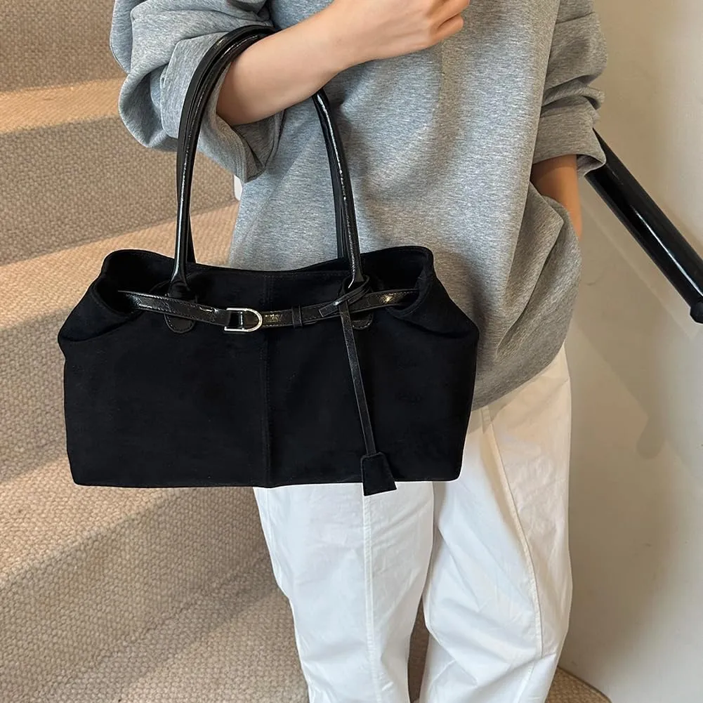 Brown Suede Shoulder Bags for Women Large Suede Tote Bag Trendy Saddle Suede Satchel Bag Suede Work Bag