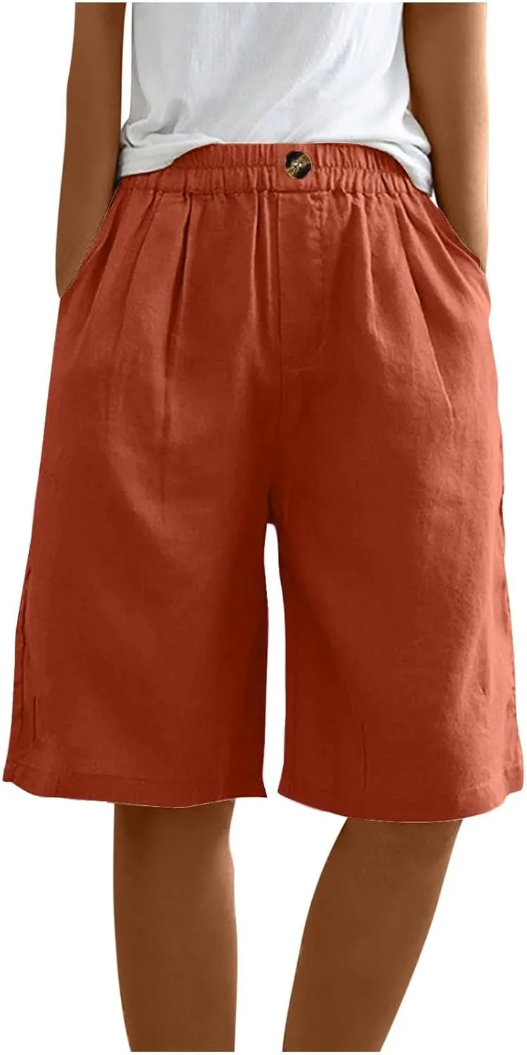 Capri Pants for Women Summer Cotton Linen Capris Wide Leg Cropped Trouser Drawstring Elastic High Waist Pants