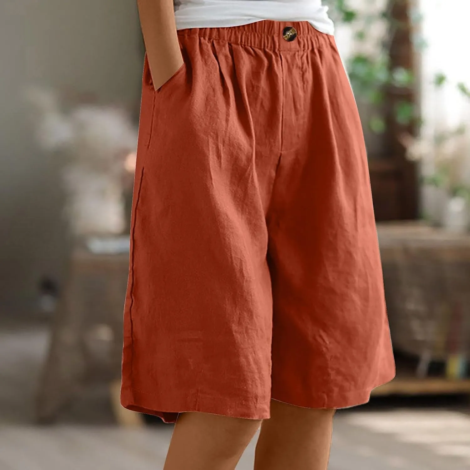 Capri Pants for Women Summer Cotton Linen Capris Wide Leg Cropped Trouser Drawstring Elastic High Waist Pants