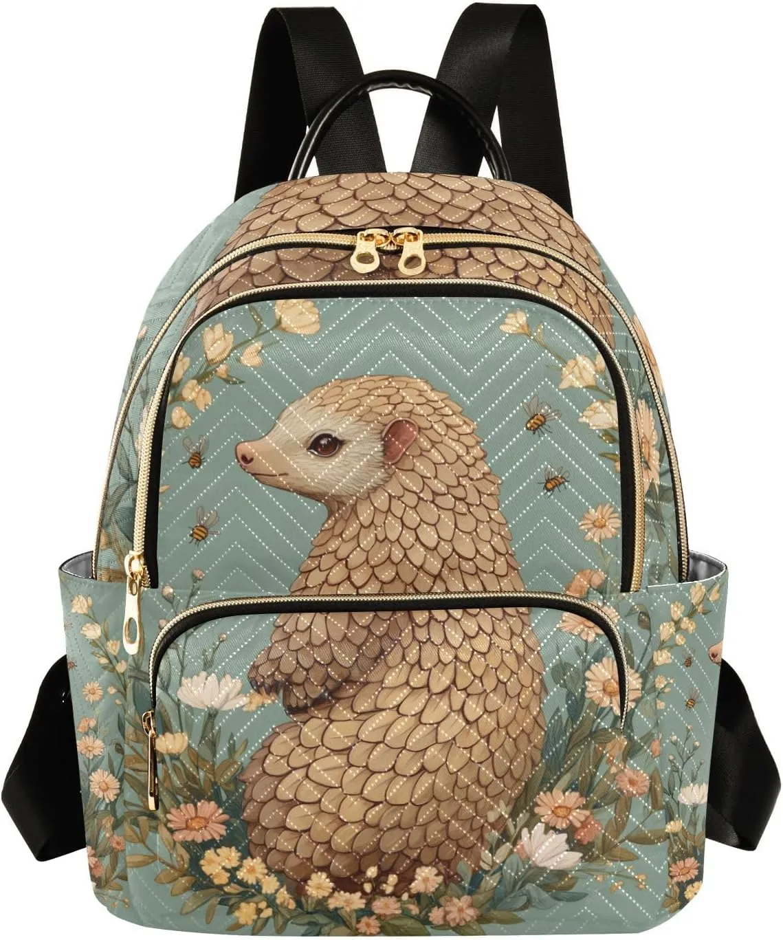 Cartoon Cute Brown Pangolin Flowers 14 Inch trendy, stylish diaper bag backpack fashion backpack for travel&work