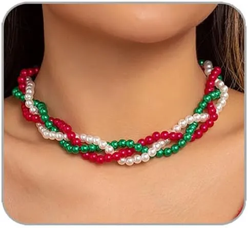 Christmas Choker Necklaces for Women Santa Claus Jingle Bell Christmas Tree Choker Necklace Faux Pearl Colourful Bead Braided Twist Necklace Xmas Lace Beaded Chain Multi Layer Necklace Stocking Stuffers Christmas Gifts 2024