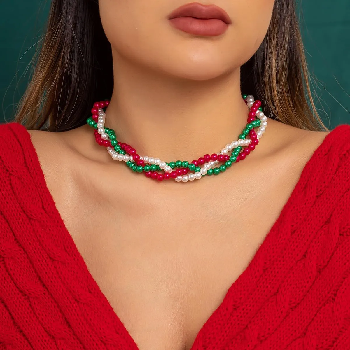 Christmas Choker Necklaces for Women Santa Claus Jingle Bell Christmas Tree Choker Necklace Faux Pearl Colourful Bead Braided Twist Necklace Xmas Lace Beaded Chain Multi Layer Necklace Stocking Stuffers Christmas Gifts 2024