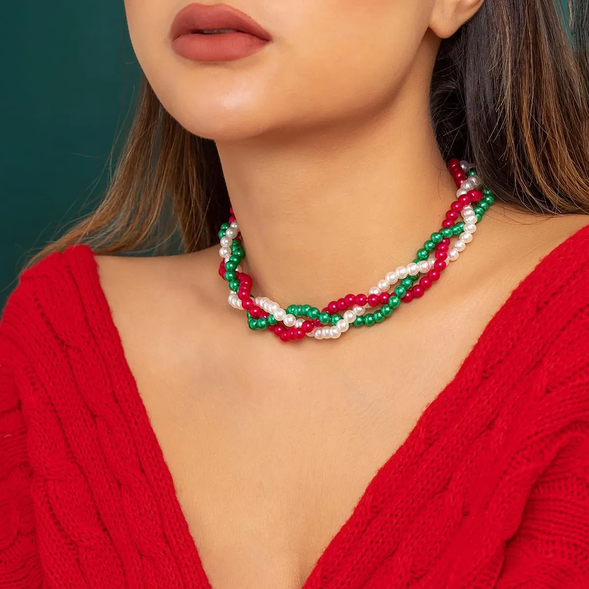 Christmas Choker Necklaces for Women Santa Claus Jingle Bell Christmas Tree Choker Necklace Faux Pearl Colourful Bead Braided Twist Necklace Xmas Lace Beaded Chain Multi Layer Necklace Stocking Stuffers Christmas Gifts 2024