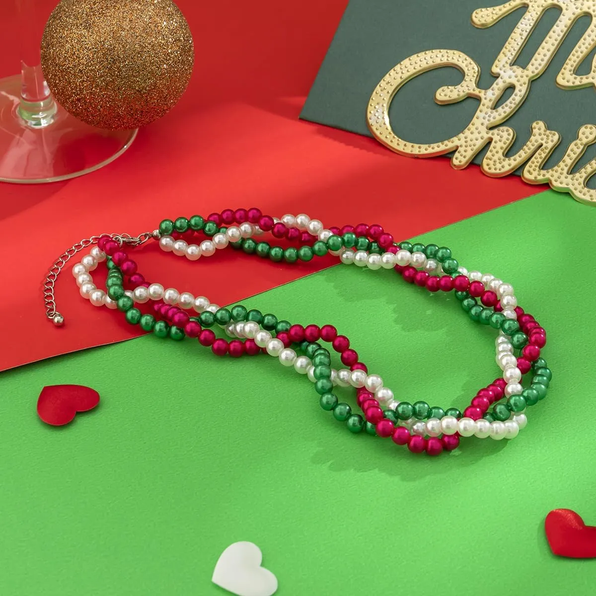 Christmas Choker Necklaces for Women Santa Claus Jingle Bell Christmas Tree Choker Necklace Faux Pearl Colourful Bead Braided Twist Necklace Xmas Lace Beaded Chain Multi Layer Necklace Stocking Stuffers Christmas Gifts 2024
