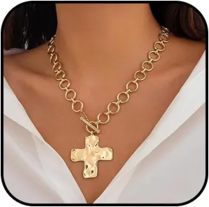 Chunky Cross Necklace for Women Hammered Cross Pendant Necklace Gold Chunky Cross Necklaces Christian Faith Cross Statement Necklaces Jewelry