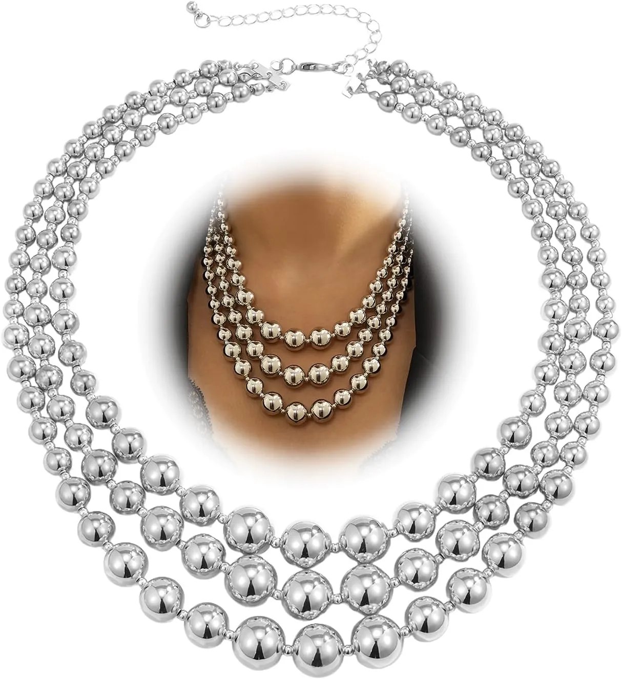 Chunky Gold Beaded Statement Necklace for Women Trendy Thick Big Silver Fake Pearls Beads Chain Layered Charm Choker Necklace Stack Fashion Prom Jewelry