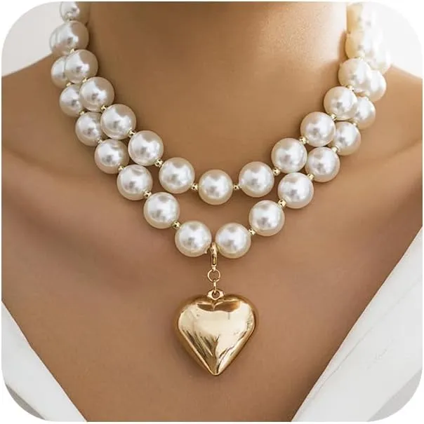 Chunky Pearls Gold Heart Pendant Necklace Y2K Pearls Beaded Layered Heart Choker Necklace for Women Charm Trendy Statement Jewelry Accessories Gifts