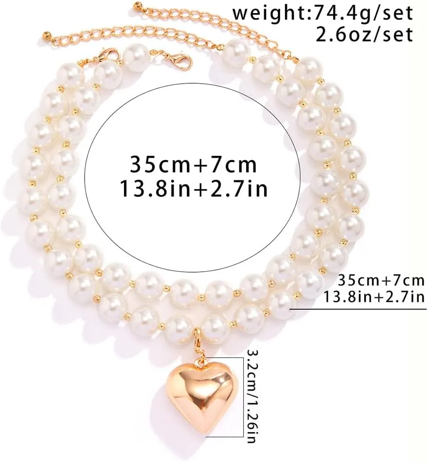 Chunky Pearls Gold Heart Pendant Necklace Y2K Pearls Beaded Layered Heart Choker Necklace for Women Charm Trendy Statement Jewelry Accessories Gifts