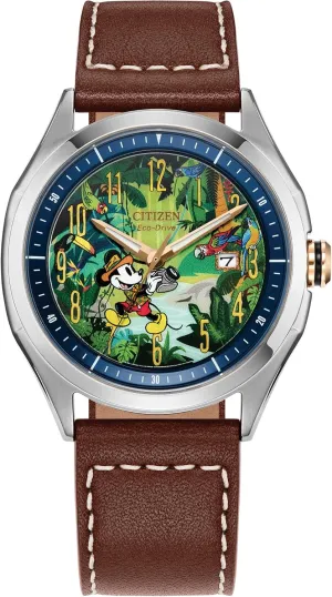 Citizen Men's Eco-Drive Disney Mickey Mouse Explorer Stainless Steel Case Watch, Brown Leather Strap, 3 Hand, (Model: AW1149-06W)