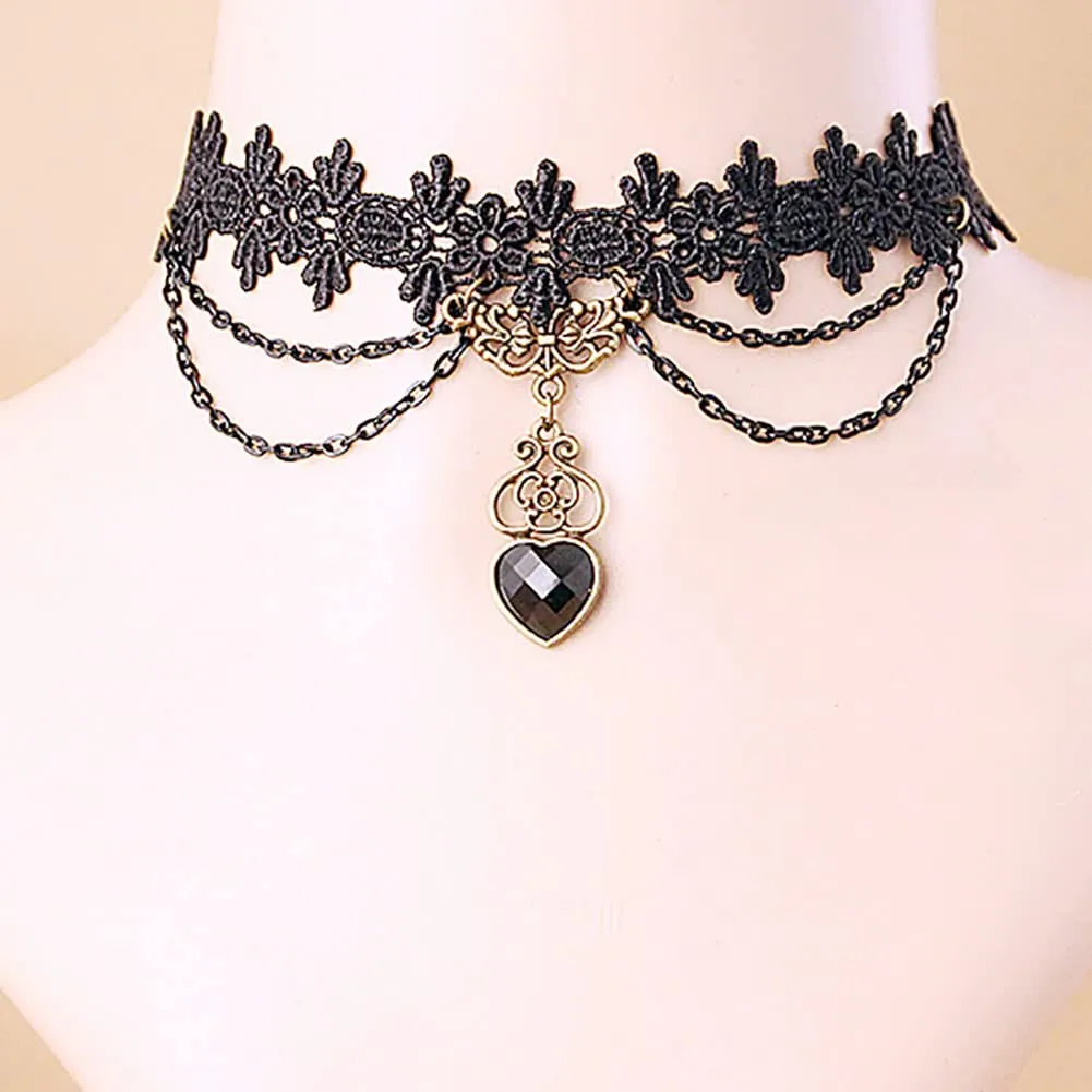 Clataly Gothic Black Sexy Lace Necklaces Tassel Collar Choker Halloween Party Accessories for Women Girls (Black Necklaces K)