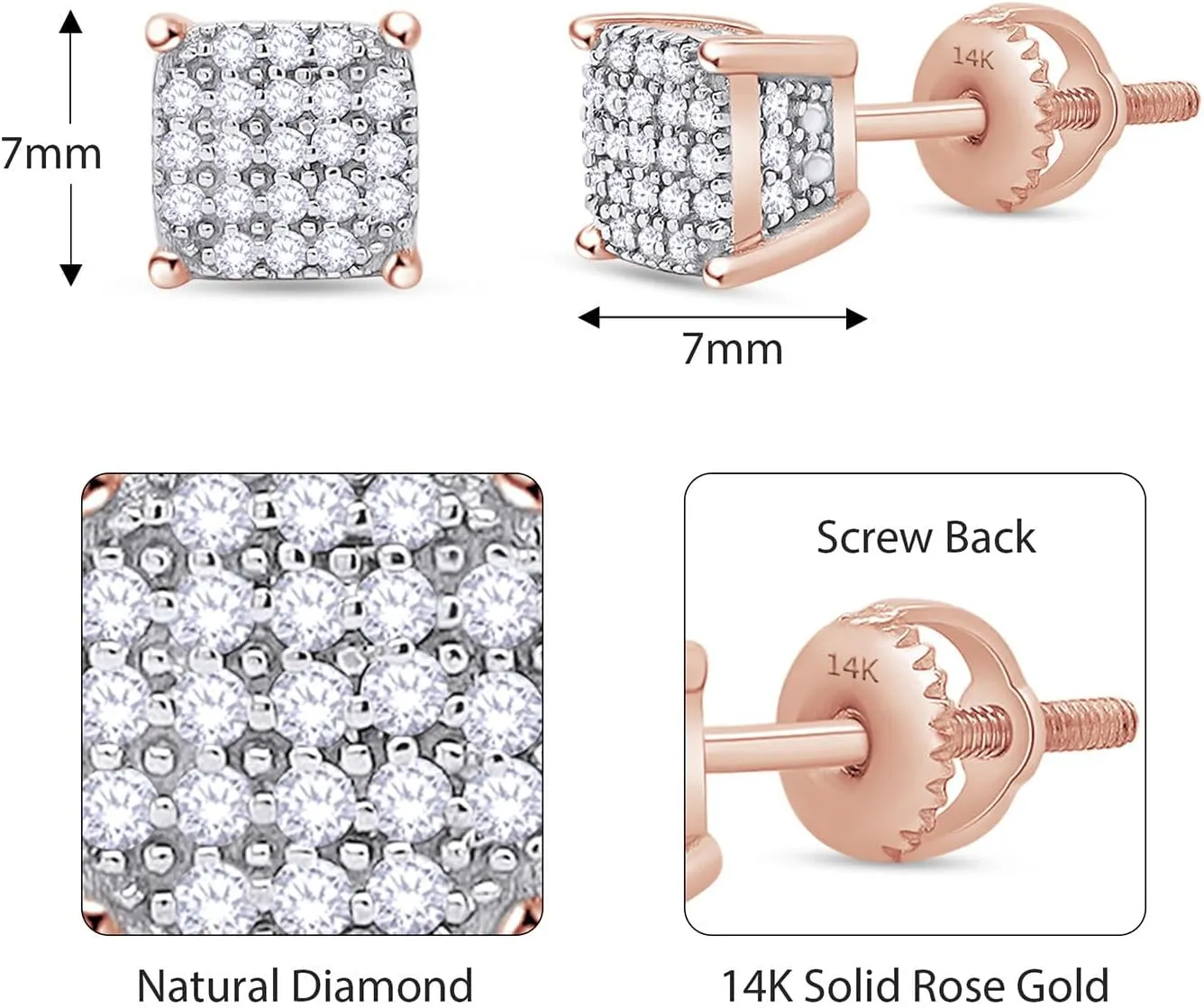 Cluster Stud Earrings for Men 1/3 Cttw Round Natural or Lab Grown Diamond Cushion Shape Ear Studs in 14K Solid Gold Jewelry Gift for Him
