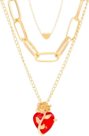 coadipress Red Heart Necklaces for Women Trendy Layered Choker Red Heart Pendant Necklace Rose Crystal Stacked Necklaces Charm Jewelry