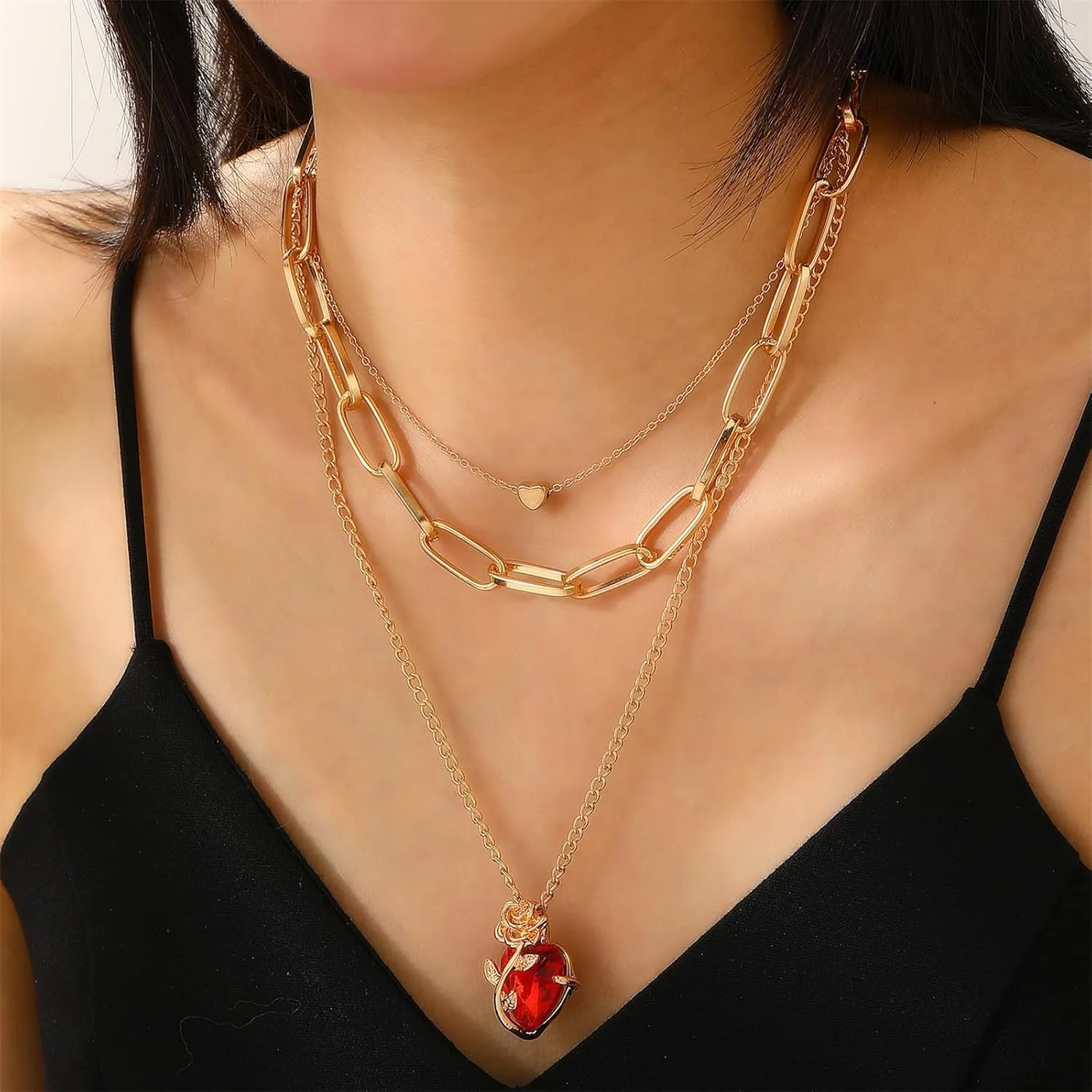 coadipress Red Heart Necklaces for Women Trendy Layered Choker Red Heart Pendant Necklace Rose Crystal Stacked Necklaces Charm Jewelry