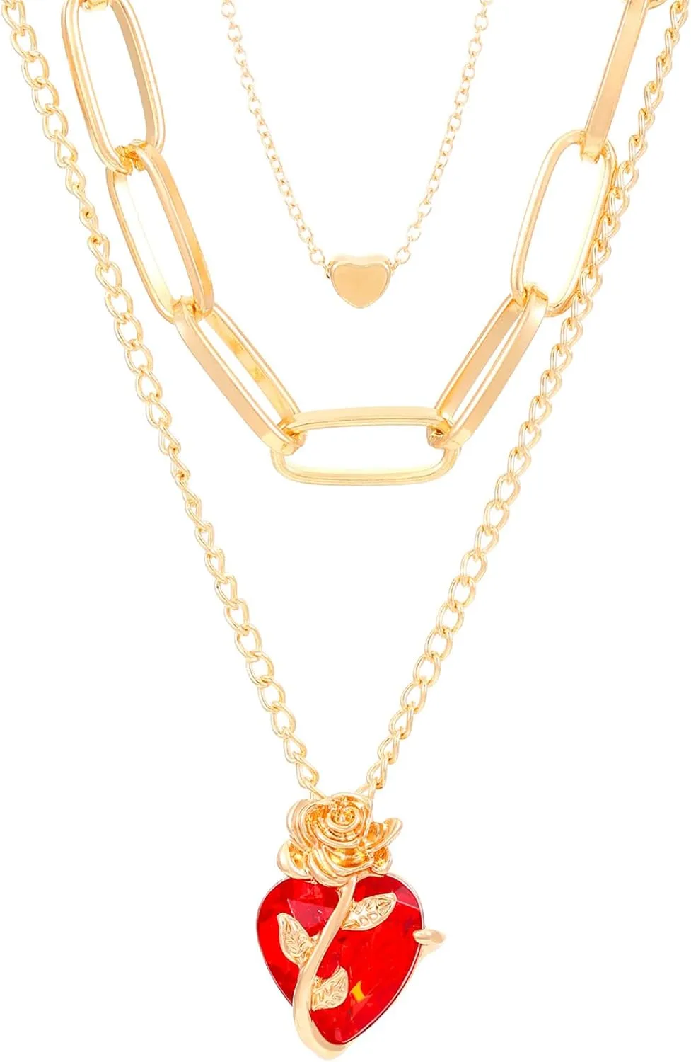 coadipress Red Heart Necklaces for Women Trendy Layered Choker Red Heart Pendant Necklace Rose Crystal Stacked Necklaces Charm Jewelry