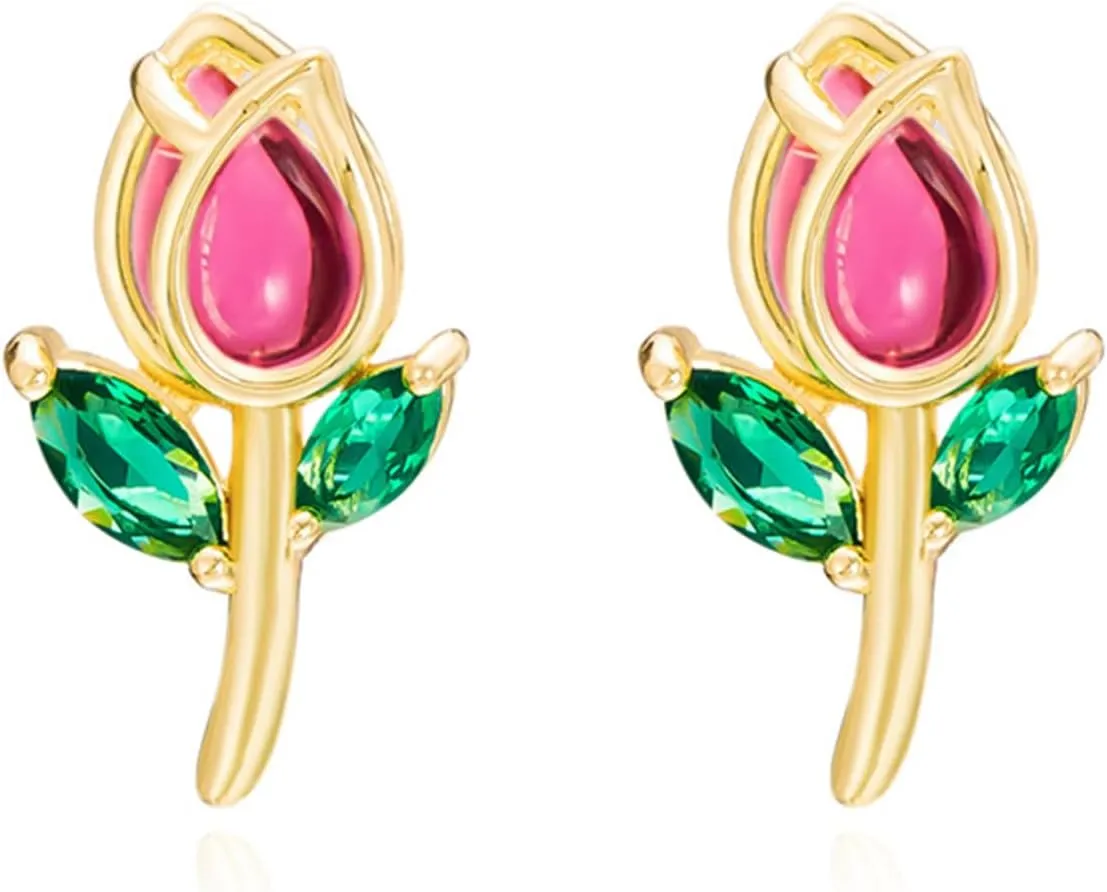 coadipress Tulip Flower Stud Earrings for Women Dainty Trendy Tulip Stud Earrings Tiny Colorful Crystal Flower Earrings Birthday Party Charm Jewelry
