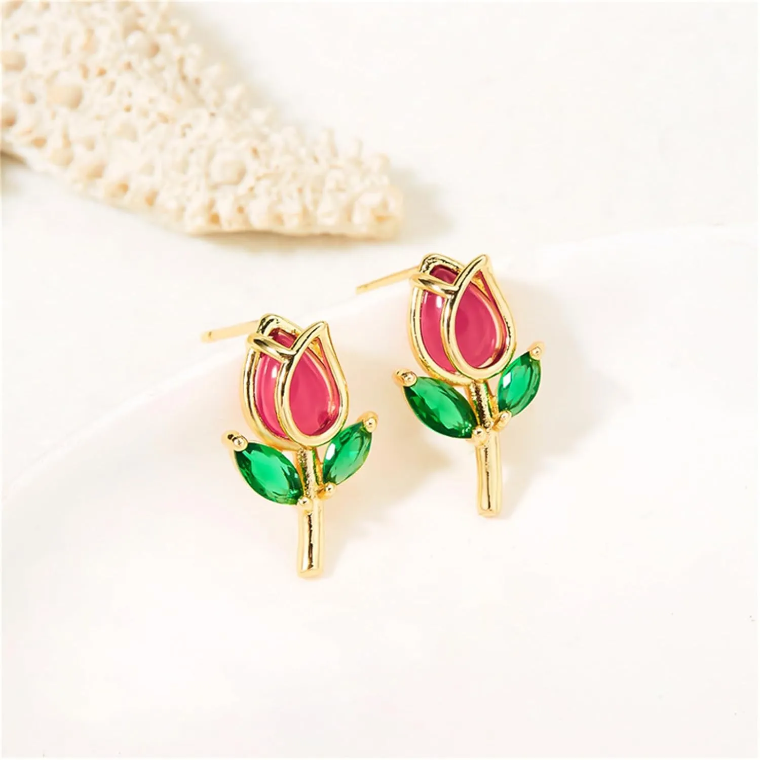 coadipress Tulip Flower Stud Earrings for Women Dainty Trendy Tulip Stud Earrings Tiny Colorful Crystal Flower Earrings Birthday Party Charm Jewelry