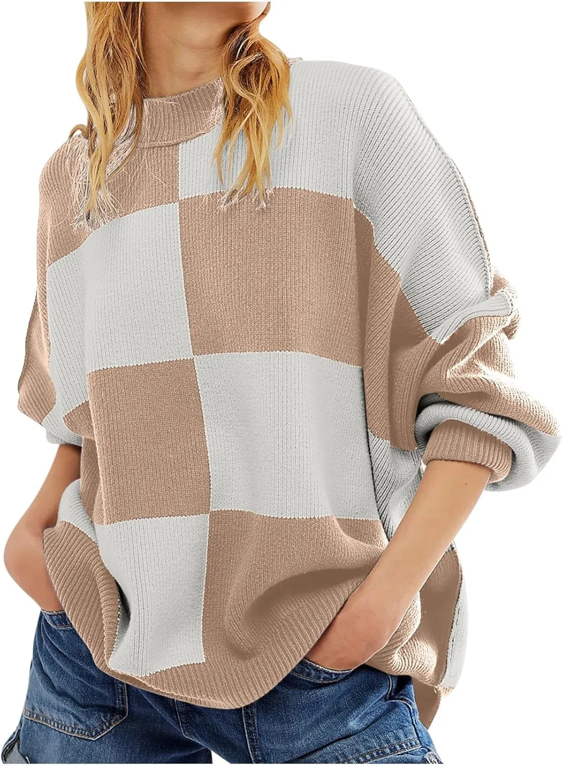 Colorblock Long Sleeve Plus Size Sweaters for Women Lantern Long Sleeve Crew Neck Loose Casual Sweater Trendy Cute Tops