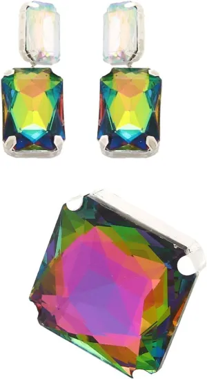 Colorful Large Rhinestone Ring and Earrings for Women Formal Prom Costume Statement Jewelry Sets Crystal Accessories