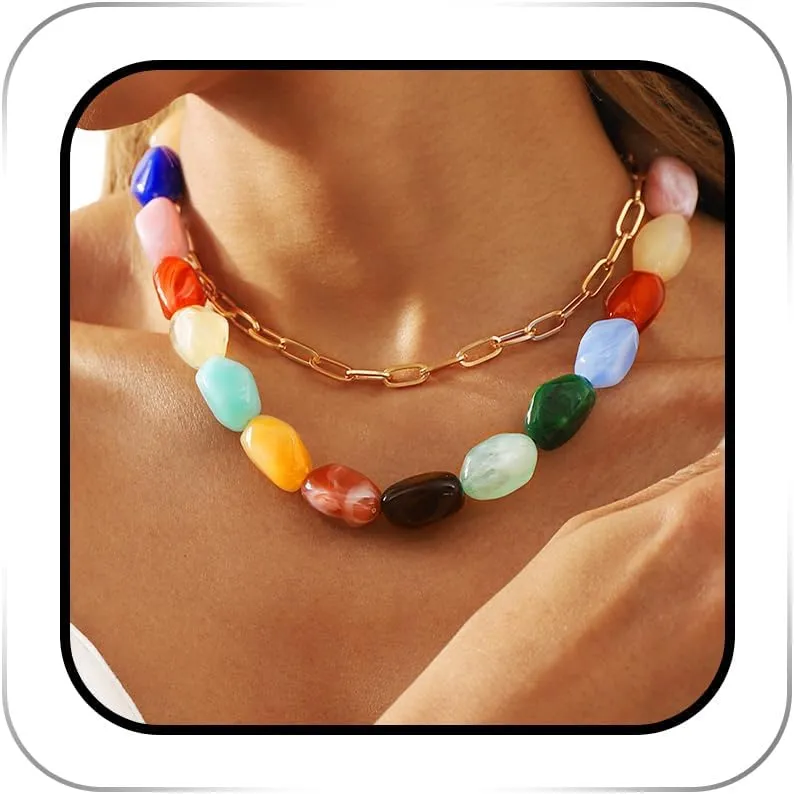 Colorful Statement Gemstone Necklace Chunky Layered Beaded Choker for Women