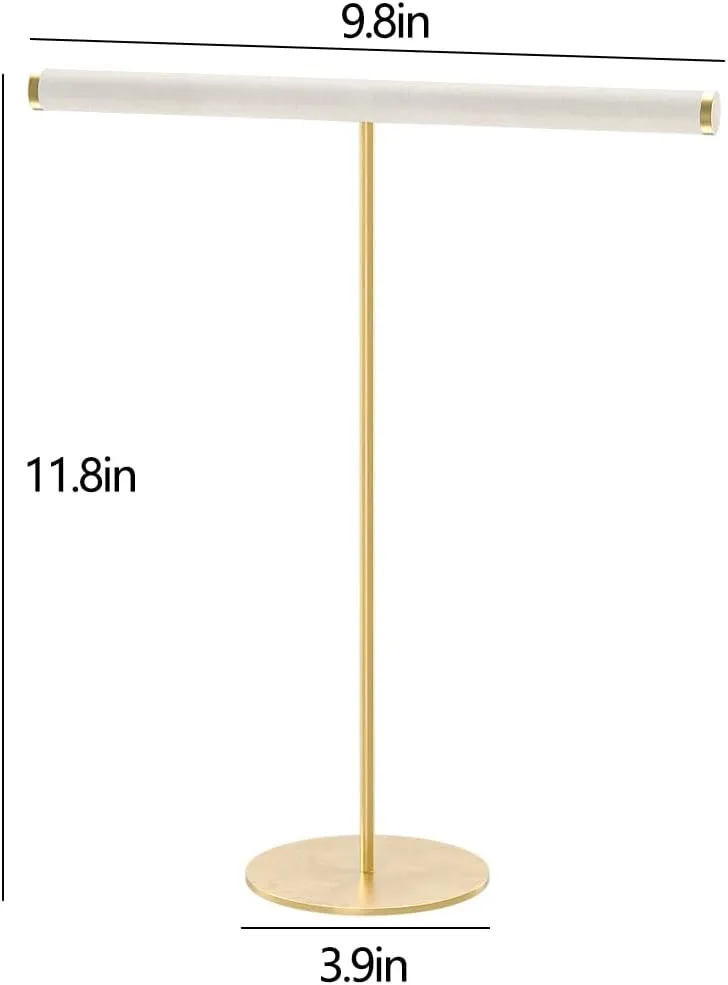 Coward T-Bar Necklace Organizer Stand, Velvet Necklace Bracelet Holder Stand with Metal Base, Hanging Jewelry Display Organizer for Women Girls (Gold 1.6mm thickness tube)