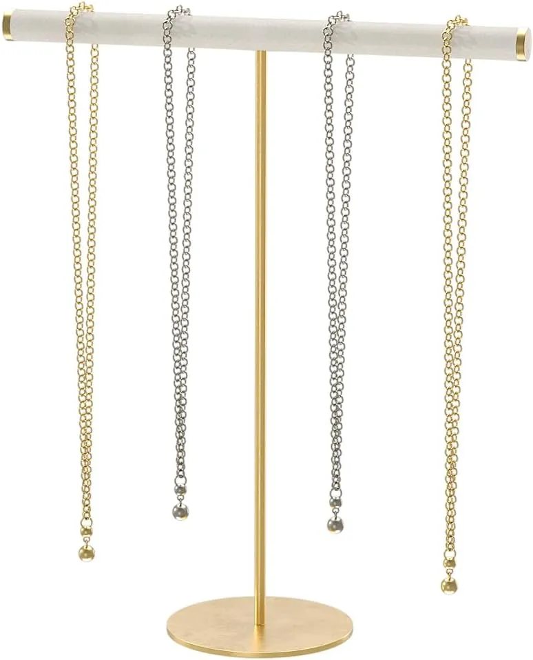 Coward T-Bar Necklace Organizer Stand, Velvet Necklace Bracelet Holder Stand with Metal Base, Hanging Jewelry Display Organizer for Women Girls (Gold 1.6mm thickness tube)