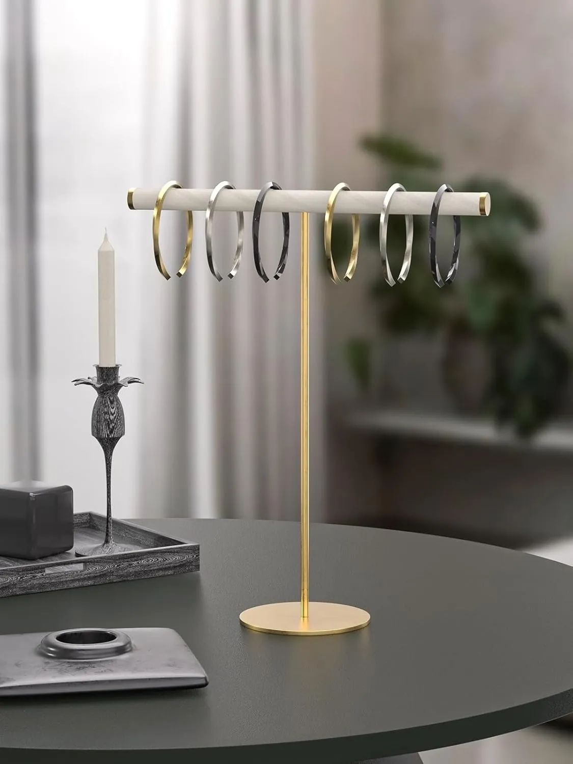 Coward T-Bar Necklace Organizer Stand, Velvet Necklace Bracelet Holder Stand with Metal Base, Hanging Jewelry Display Organizer for Women Girls (Gold 1.6mm thickness tube)