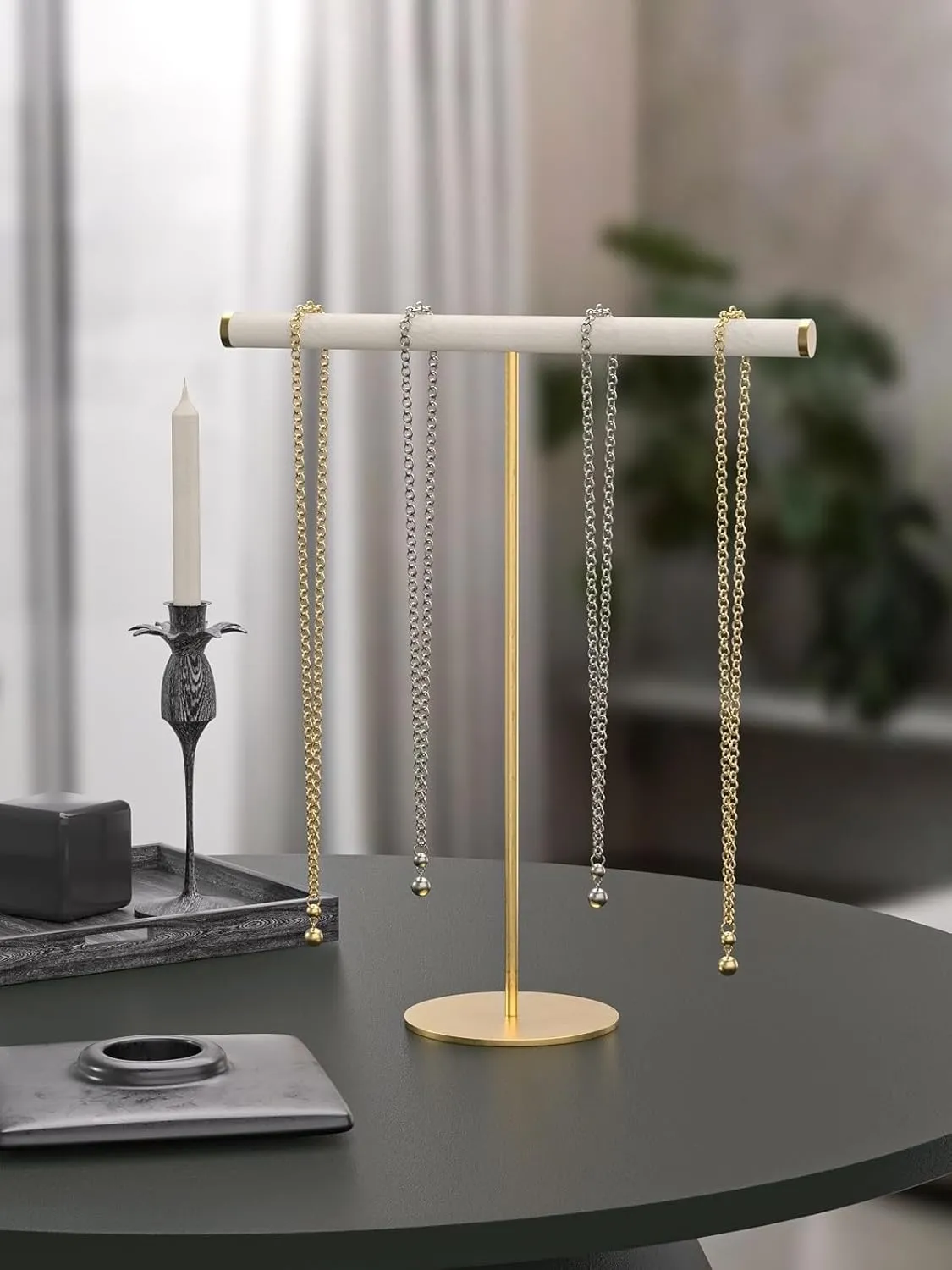 Coward T-Bar Necklace Organizer Stand, Velvet Necklace Bracelet Holder Stand with Metal Base, Hanging Jewelry Display Organizer for Women Girls (Gold 1.6mm thickness tube)